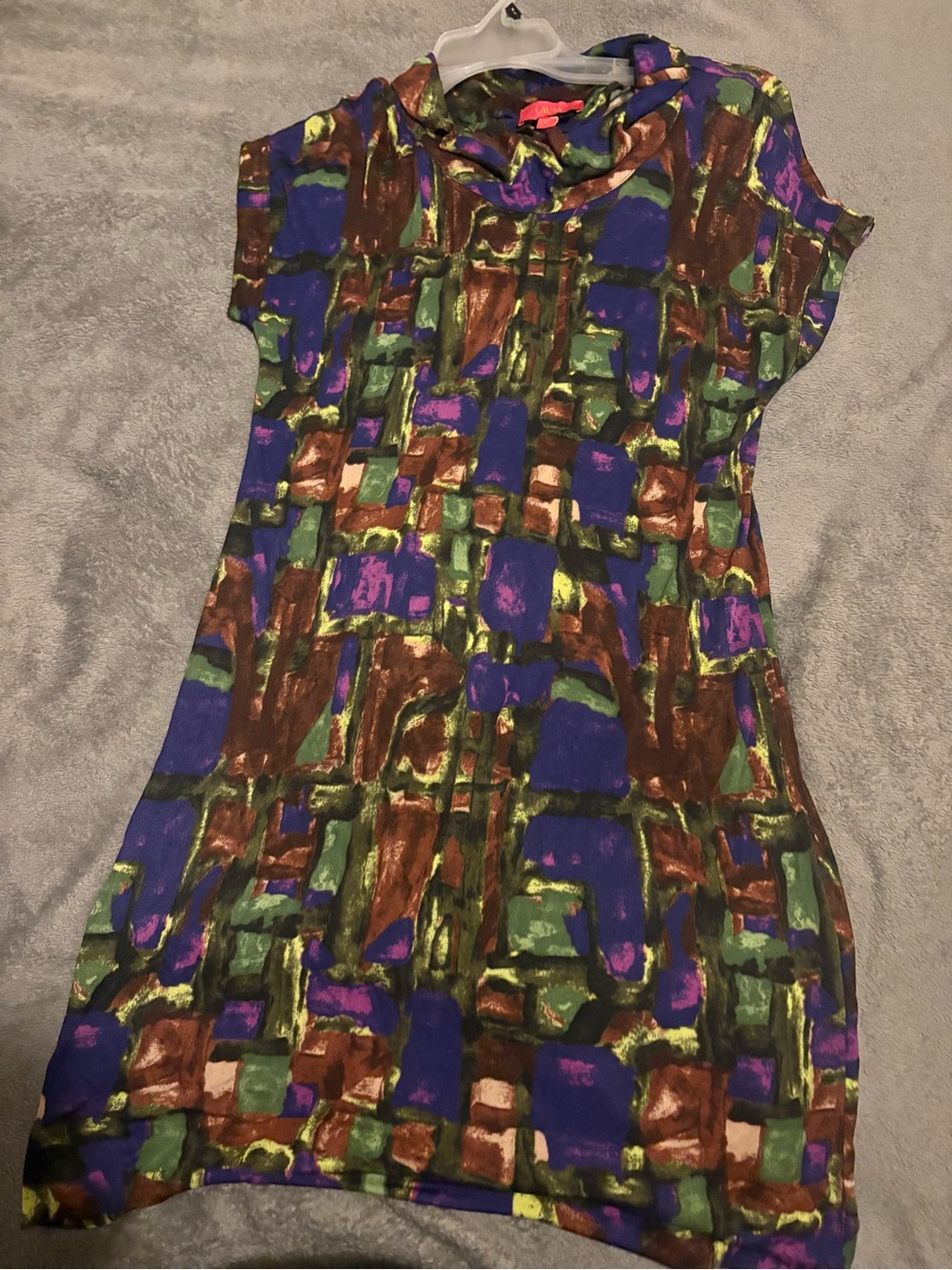 Abstract Block-Print Short Sleeve Women's Dress in Purple & Green